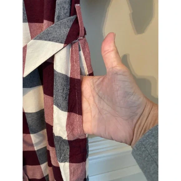 Faherty Size L Burgundy Plaid Flannel Button Down Belted Midi Shirt Dress - Picture 8 of 8